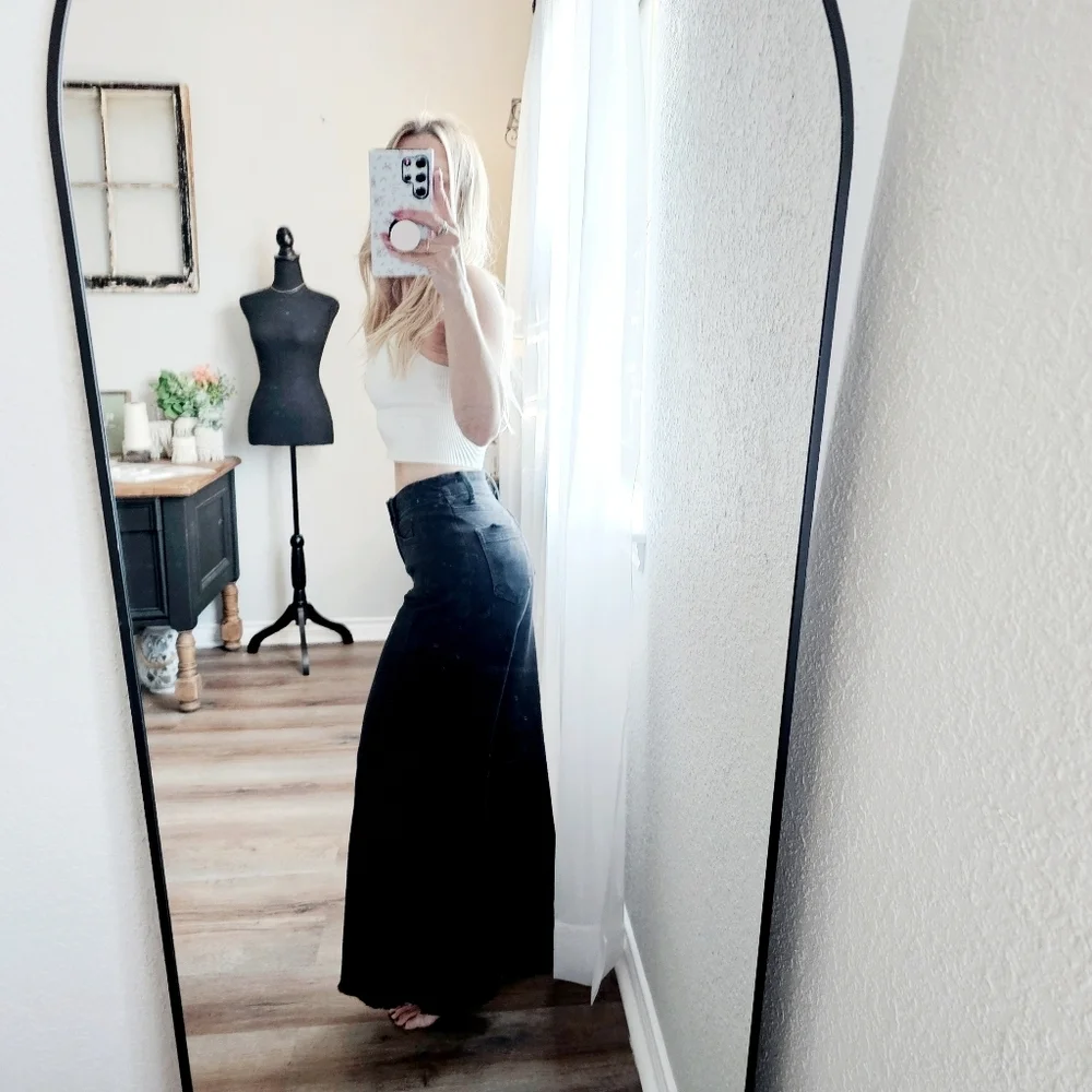 RISEN HR Tummy Control Black Palazzo Jeans Wide Leg Distressed Hems Various NEW - Picture 9 of 13